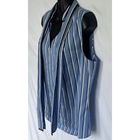 White House Black Market Size 4 Blue Striped Sleeveless Tie Neck Blouse - Picture 5 of 9